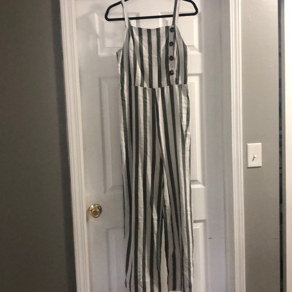 Olive green & white stripes jumpsuit
